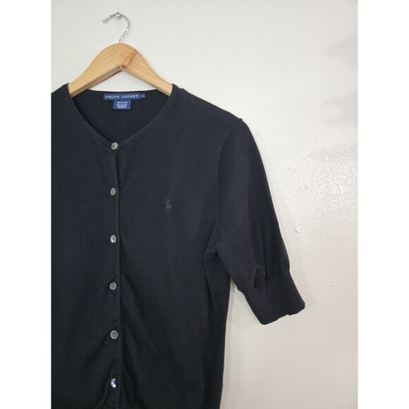 Vintage Ralph Lauren Cardigan Sweater Size Large Black Short Sleeve Preppy Goth - Picture 2 of 9